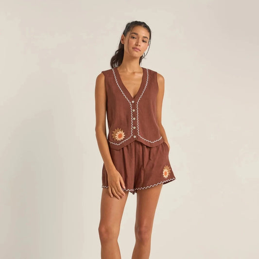 Solis Embroidered Vest - Chocolate